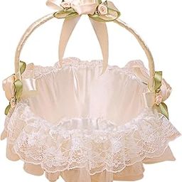 UJEAVETTE Lace Bow Flower Girl Baskets Satin Ribbons Basket for Events Ornaments Bride Beige-image-37