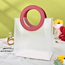 6 Pcs Transparent Bag Goodie Bags With Round leather Handle Gift bag, hamper bag, Carry Bags, shopping gift bag for Gifting, Presents, Packing, Wedding Return Gifts, Birthday, Events, Party, Festivals (RED 18.5 x 16 Translucent)-29