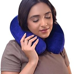 CareFoam Neck Pillow for Travel in Flight/Car/Train for Sleeping, Neck Support | Lightweight Travel Pillow for Men and Women Premium Velvet Outer Cover (Blue)-image-1