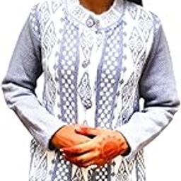Women's Geometric Pattern Knit Sweater, Grey and White, Long Sleeve-image-41
