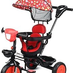 FIRE BABY 4-in-1 Baby Tricycle with Canopy, Adjustable Push Handle, Star Pattern, Red and Black-8