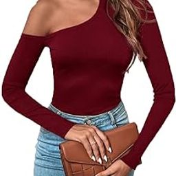 Solid Asymmetrical Neck Cut Out Full Sleeves Stylish Ribbed Tops for Women-image-67