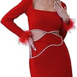 Red Embellished Fur Sleeves Dress-image-60