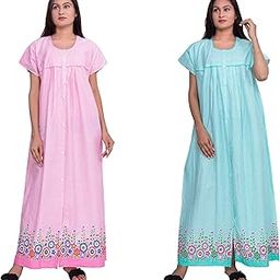 Women's Cotton Plain/Solid Maxi Nighty (FOC_Pink_cgreen_Pink Cgreen_Free Size (XL-XXL))-image-17