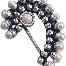 Stylish Silver Oxidised Plated Marathi Alloy without Piercing Pearl Nose Pin Nath Nathiya for Women and Girls-image-49