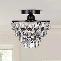 WOKE Crystal Chandelier, Black Modern Semi-Flush Mount Chandelier, Small Lamp H10'' X W10.5'' for Closet Entryway Hallway Bedroom Bathroom E27 Base(Black) Without Bulb-image-4