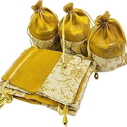 KRIWIN Pack of 10 Women's Silk Drawstring Closure Embroided Gift Potli Bags Pouches 7 X 5 inch Capacity- 250 gram (Golden)-2