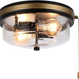 Industrial Farmhouse Close to Ceiling Light with Pull Chain Matt Black 2-Light Recessed Ceiling Lighting Fixtures with Seeded Glass 11 inch-image-82