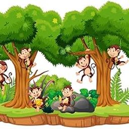 AH Decals Cartoon Forest Scene with Monkey Animated Wall Sticker Beautiful Created Designs Kids Room Sticker Wall, Hall, Living Room,Poster 3D Background Removable Sticker Gallery Poster-image-3