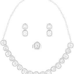 Silver Tone Dazzling Austrian Diamonds Contemporary Necklace Earring & Ring Set For Women-ZPFK17288-image-52