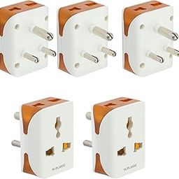 Hi-Plasst Universal 3-Pin Multi Plug with Type D Socket – 2X 2-Pin & 1x 3-Pin Outlets, US/UK/EU to India Travel Converter Plug, 6A for International Devices (White & Orange) (Pack of 5pcs)-6