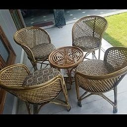 BHATIACANE Outdoor Patio Furniture Set, 4 Bamboo Chairs with Cushions and Table, Indoor Balcony Lawn Seating-image-1