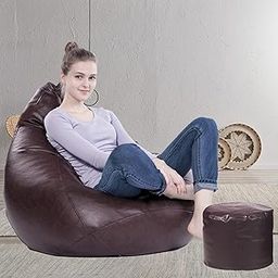 LEXAVI - Prime Quality XXXL Combo Filled Beanbag with Foot-Stool (Colour - Brown)-14