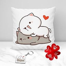 K1Portal Peach and Goma Mochi Cat Pillow Cushion, Gifts for him, Boyfriend, Valentines Gift for Girlfriend, Valentine Pillow for Couple, Peach Goma Pillow, Keychain with Card (Combo-01 (Combo 1)-image-2