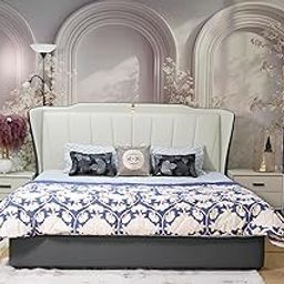 Fiddy - Modern King Size Bed with Grey Leatherette Finish, High Padded Headboard & Under-Bed Storage – 224x200x125cm + 2 Side tables(46Hx50Wx40D) Contemporary Bedroom Furniture (Mattress Not Included)-image-13