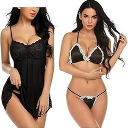 Women Babydoll Night Dress Lingerie with Panty|Innerwear|Women Bikini Lace Bra Panty Lingerie Set Free Size(28 to 36) Inch Black-image-33