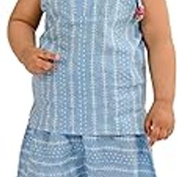 Baby Girls' Dress Cotton Clothes Top Pant Co-ord Set 1 To 4 Years Blue Shoulder Tie Birthday Party Outfit Kids Stripe Print Festival Wear-image-80