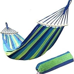 P-Plus International Double Hammock 2 Person Canvas Cotton Hammock with Carrying Bag for Patio Porch Garden Backyard Lounging Outdoor/Indoor Green Stripe Hammock-image-74
