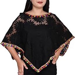 Women's Net Capes Shrugs Poncho Regular For Girls With New Stylist Heart Shape In Shoulder Multi Colour Lace Black-image-69