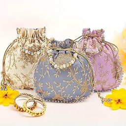 Kuber Industries Pack of 3 Potli Bags for Ladies & Girls | Shagun Pouches for Festive Seasons | Embroidery Bridal Purse -Cream, Light Pink & Grey-image-51