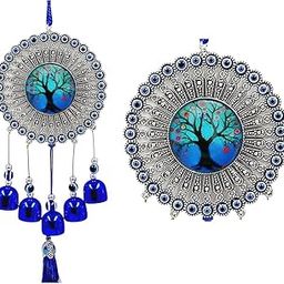 Decorative Wind Chime with Tree of Life Design, Blue Bells, 33 cm Length, Silver Filigree Frame-image-98