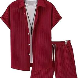 Men's Cord Set, Short Sleeve Pleated Shirt with Shorts, Classic Collar, Regular Fit, Night Suit for Men-image-64