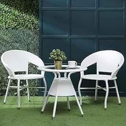 Indiid Homes Patio Seating Chair and Table Set Garden Coffee Table Set with 1 Table and 2 Chairs Set Outdoor Furniture (White) - Rattan-image-65