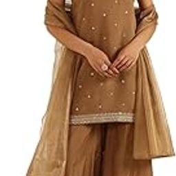 Women's Brown Viscose Chanderi Straight Kurta with Palazzo and Dupatta-image-4