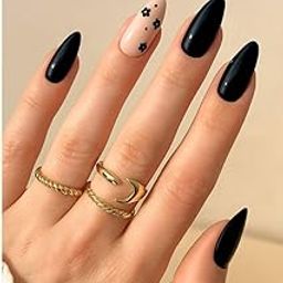 FWS Artificial fake Press On Nails Art Set (Set Of 20) Reusable Nails Extension,BridalNails,Stick-On Nails,Manicure Art Set, AcrylicNails,False Nails,DesignerNails | Nail Glue, Nail file, cuticle pusher, cleaning wipe | Glossy Black Floral Shape Long Stiletto-image-82