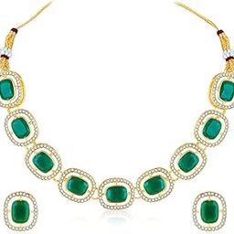 Gold Plated Green Synthetic Stone Studded Fancy Choker Necklace & Stud Earrings Fashion Jewellery Set Gift for Women & Girls-image-62