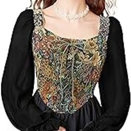 Women French Style Retro Vintage Lace-Up Floral Jacquard Square Neck Smock Puff Sleeve Ruffled Crop Blouse Corset Top Dn29-image-8