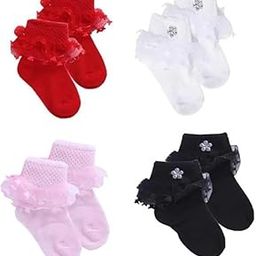 Pack of 4 Baby Girl Frilly Socks with Lace Ruffle - Soft Cotton Socks for Infants and Toddlers - Red, White, Pink, Black - Fashionable and Comfortable-2