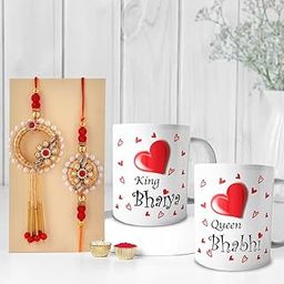 CraftVatika Rakhi Mug Gift Combo for Brother Bhaiya Bhabhi - Premium Couple Pair Rakhi with Printed Mug Gift, Rakhi Set of 2-5