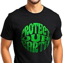 Slim Fit Black Crew Neck T-Shirt with Bio-Washed Cotton & Protect Our Earth Circular Green Typography Graphic Print-image-1