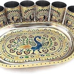 CLEGERZ Stainless Steel Meenakari Peacock Design Rajwadi Traditional Style 250 ml Water Drinking Glass & Handicraft Serving Tray for Home, Office & Restaurant, Serving for Lassi, Chaas, Water, Juice-image-68