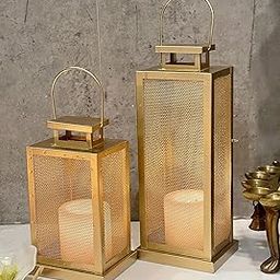 Urban Born Set of 2 Iron Lantern and Candle Tealight Holder for Home Decor Items | Candles for Home Decoration | Candle Holders for Home Decor | 2 Free led Lights (Pack of 2) (Gold)-22