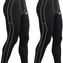 Men's Compression Pants, Cool Dry Athletic Workout Running Tights Leggings with Pocket(Unisex) Green Pack of 2-image-48