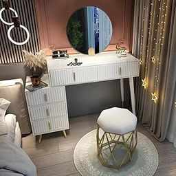 NG Decor, White Makeup Vanity with Nesting Stool Dressing Table with 5 Drawers (Mirror & Stool not Included)-image-13