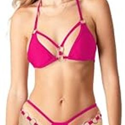Women's Cut Out Ring Halter Bikini Set 2 Piece Straps Swimsuits Pink-picture-17