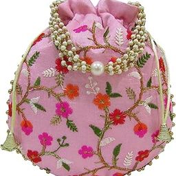 Embroidery Potli Bag For Women For Wedding, Wristlets, Clutch Drawstring Potli Women's Handbag Purse Batwa For Bridal Girl Evening Party Batua Purse With Pearl Handle-38