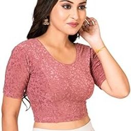 Round Neck Dobby Cotton Lycra Stretchable Elbow Sleeve Readymade Saree Blouse for Women-image-45