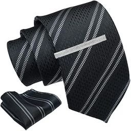 Black Striped Tie For Men – Formal Ties Set With Pocket Square & Tie Pin Clip For Mens, Silk Neckties Gift Sets For Men’s (AXNW15)-image-32