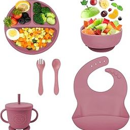 Deoxys Silicone Baby Feeding Set, Food Grade BPA Free Essentials for Toddler Kids, Weaning Supplies Include Baby Plates and Bowls Baby Bib Suction Divided Plates Soft Bowl Spoons Forks (Pink)-image-70