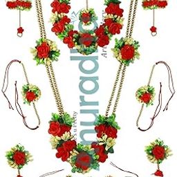 Jewellery Womens Anuradha Arts Multi Colour Artificial Flower Necklace Combo Set | Baby Shower Jewellery Set | Haldi, Mehndi, Sangeet, Godbharari, Maternity Shoot Jewellery-image-7