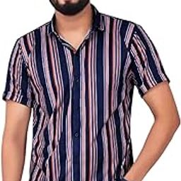 Men's Striped Short Sleeve Shirt, Navy Blue with Orange and White Stripes, Casual Button Down-image-92