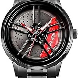 Luxury Sports Car Wheel Design Watch, Black Stainless Steel Band, Red Brake Caliper Dial, Men's Wristwatch-image-50