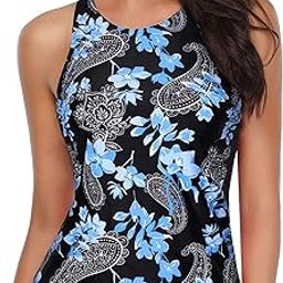 High Neck Tankini Top Bathing Suit Tops for Women Tummy Control Tank Tops Swimsuits, Blue Paisley, Large-image-35