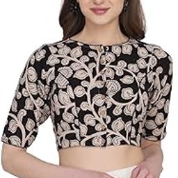 Women Black Beige Kalamkari Block Printed Cotton Saree Blouse (TWT_KALBL_69)-image-74