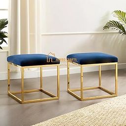 JUMBO CRAFTS Square Metal Ottoman Set of 2 Sitting Stool/Living Room Furniture/Office/Velvet Ottoman Footstool/Footrest Stool Pouffes Home Decor - (Blue2)-image-13