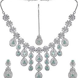 Stylish Light Green American Diamond Leaf Necklace Set with Earrings and Maang Tikka for Women & Girls.-image-35